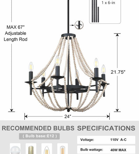 3-Light Pendant Chandelier Nature Wood Beaded Boho Black Semi Flush 12x10.5"