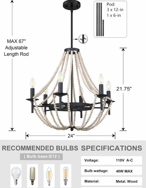 Load image into Gallery viewer, 3-Light Pendant Chandelier Nature Wood Beaded Boho Black Semi Flush 12x10.5"

