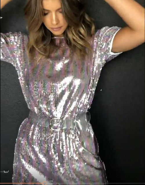 Load image into Gallery viewer, Field Day Sequin Dress Rainbow Festival Short Sleeve Size M

