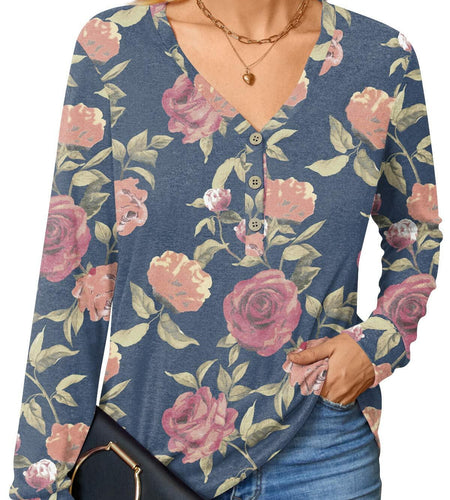 BISHUIGE Womens XL Long Sleeve Henley Tunic Top Blue Red White Roses Size XL