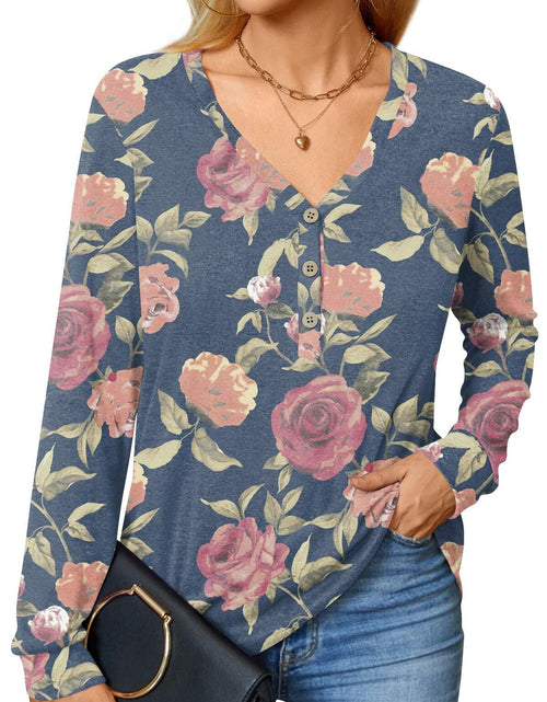 Load image into Gallery viewer, BISHUIGE Womens XL Long Sleeve Henley Tunic Top Blue Red White Roses Size XL
