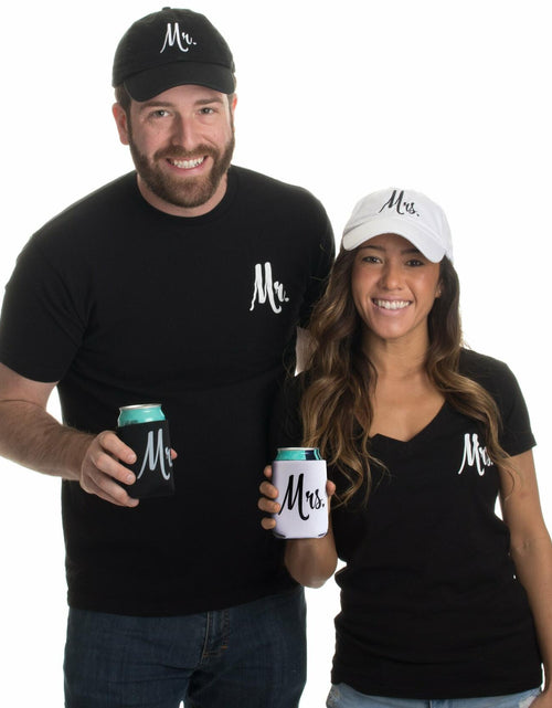 Load image into Gallery viewer, Ann Arbor T-shirt Co. Matching Mr. &amp; Mrs. Baseball Caps Set with Beer Holder
