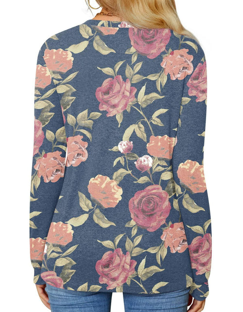 Load image into Gallery viewer, BISHUIGE Womens XL Long Sleeve Henley Tunic Top Blue Red White Roses Size XL
