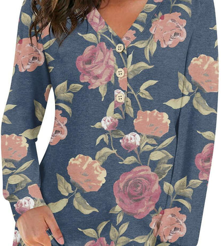 BISHUIGE Womens XL Long Sleeve Henley Tunic Top Blue Red White Roses Size XL