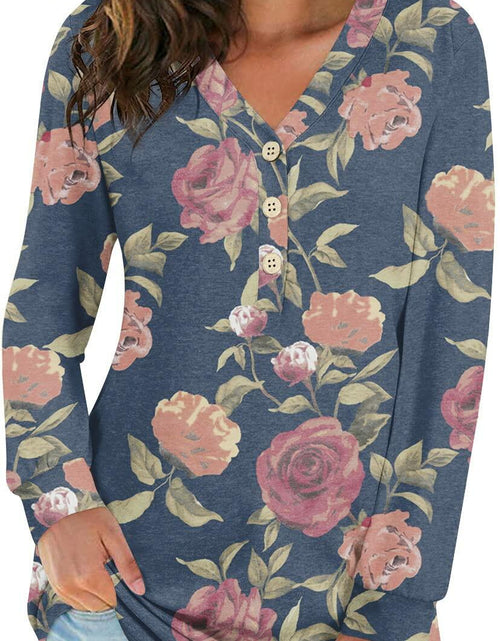 Load image into Gallery viewer, BISHUIGE Womens XL Long Sleeve Henley Tunic Top Blue Red White Roses Size XL
