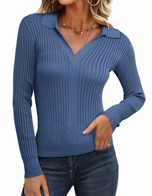 Load image into Gallery viewer, GRACE KARIN Women's 2XL Denim Blue Pullover Sweater V Neck Knit New
