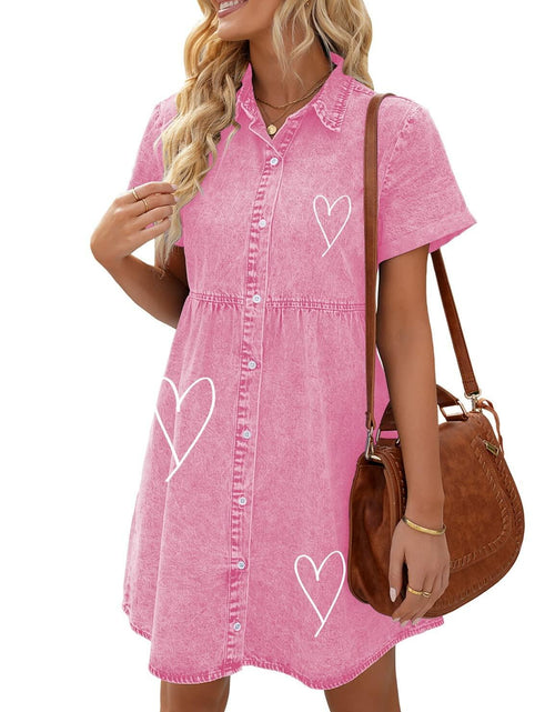 Load image into Gallery viewer, LookbookStore Pink Heart Love Print Babydoll Jean Dress Pink XS Size
