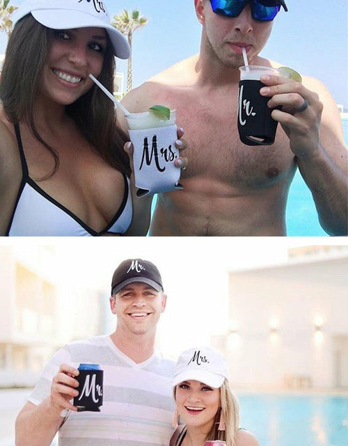 Load image into Gallery viewer, Ann Arbor T-shirt Co. Matching Mr. &amp; Mrs. Baseball Caps Set with Beer Holder
