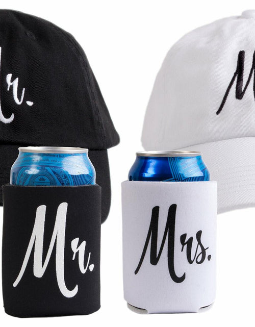 Load image into Gallery viewer, Ann Arbor T-shirt Co. Matching Mr. &amp; Mrs. Baseball Caps Set with Beer Holder
