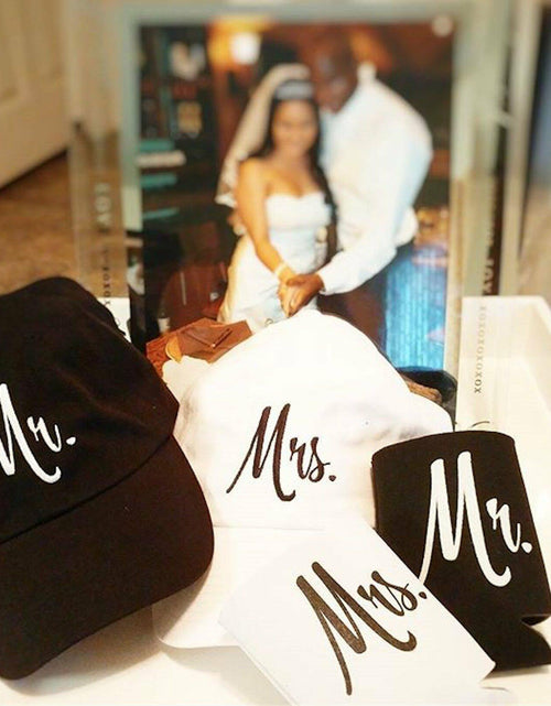Load image into Gallery viewer, Ann Arbor T-shirt Co. Matching Mr. &amp; Mrs. Baseball Caps Set with Beer Holder
