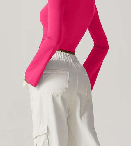 Meyeeka Womens Bell Sleeve Square Neck Crop Top Rose Red S