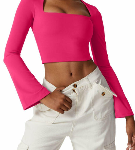 Meyeeka Womens Bell Sleeve Square Neck Crop Top Rose Red S