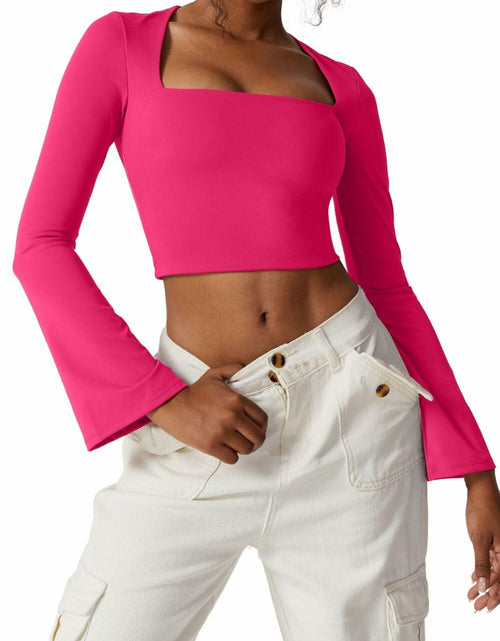 Load image into Gallery viewer, Meyeeka Womens Bell Sleeve Square Neck Crop Top Rose Red S
