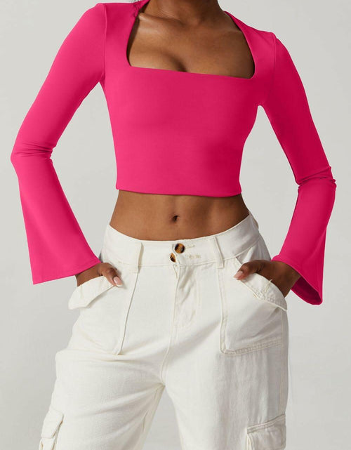 Load image into Gallery viewer, Meyeeka Womens Bell Sleeve Square Neck Crop Top Rose Red S
