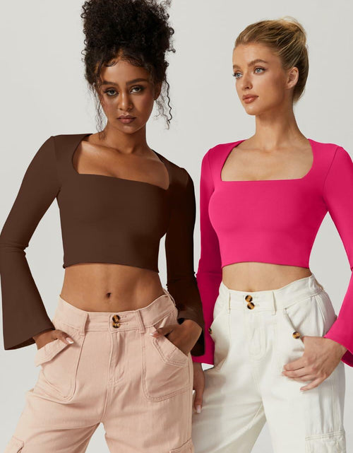 Load image into Gallery viewer, Meyeeka Womens Bell Sleeve Square Neck Crop Top Rose Red S
