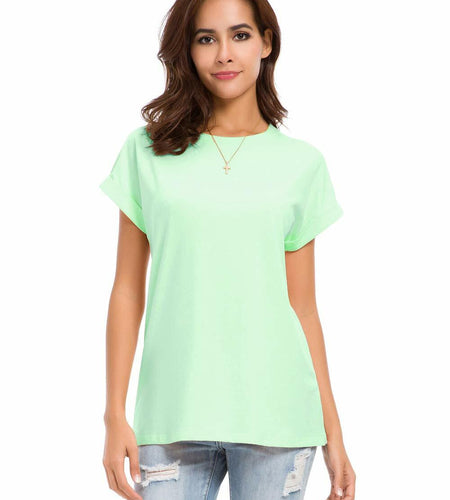 MSHING Women's Simple Crew Neck Plain Loose T-Shirt Light Green Size L Casual