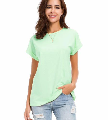 MSHING Women's Simple Crew Neck Plain Loose T-Shirt Light Green Size L Casual