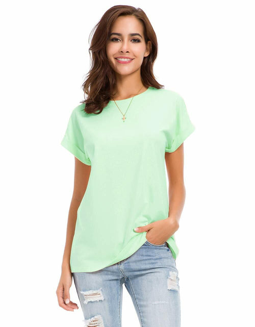 Load image into Gallery viewer, MSHING Women's Simple Crew Neck Plain Loose T-Shirt Light Green Size L Casual
