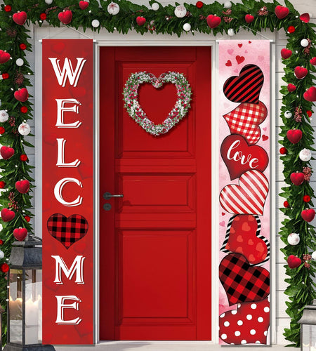 2 Pc Valentine Red Buffalo Plaid Door Banner Love Heart Decor Home