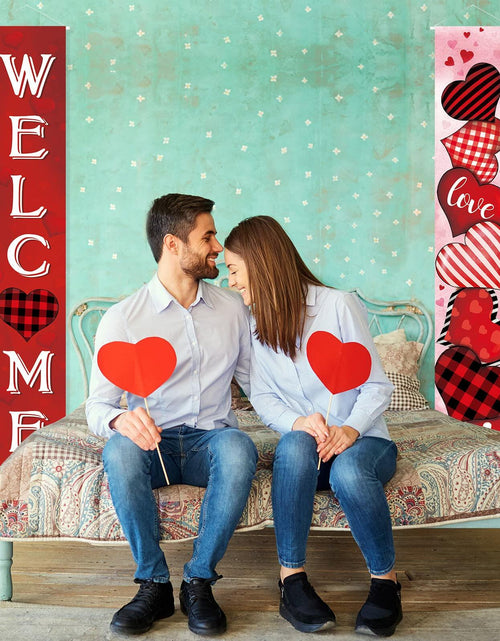 Load image into Gallery viewer, 2 Pc Valentine Red Buffalo Plaid Door Banner Love Heart Decor Home
