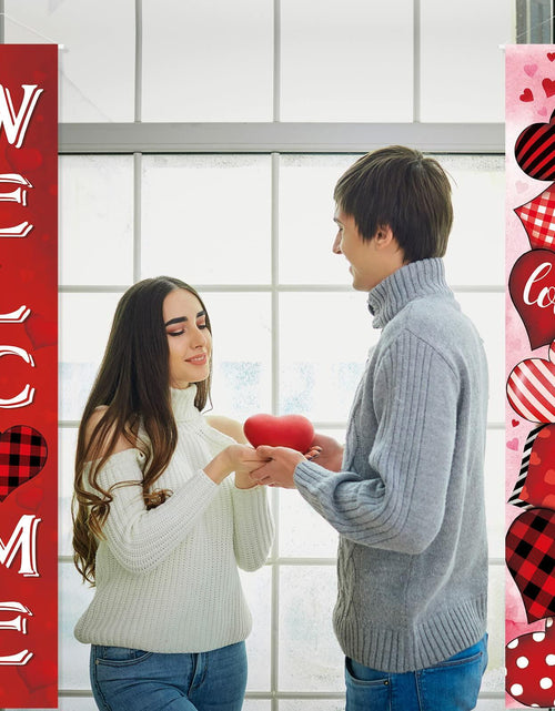 Load image into Gallery viewer, 2 Pc Valentine Red Buffalo Plaid Door Banner Love Heart Decor Home
