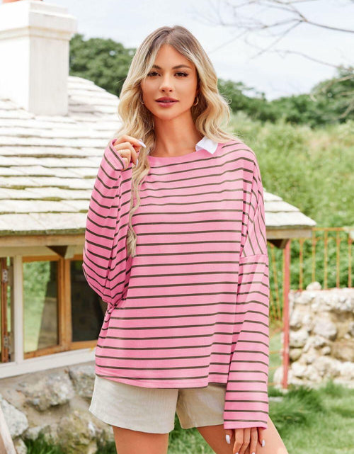 Load image into Gallery viewer, BZB Womens Beige Striped Long Sleeve Shirt Oversized Tunic Top M
