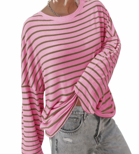 BZB Womens Beige Striped Long Sleeve Shirt Oversized Tunic Top M