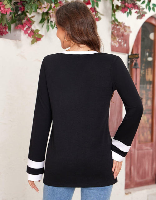 Load image into Gallery viewer, Black V Neck Long Sleeve Tee Women Plus Size S Lightweight Jersey Top
