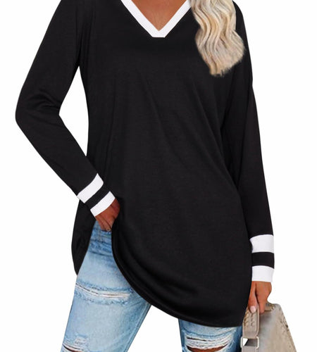 Black V Neck Long Sleeve Tee Women Plus Size S Lightweight Jersey Top