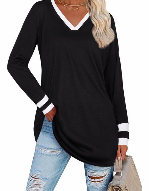 Load image into Gallery viewer, Black V Neck Long Sleeve Tee Women Plus Size S Lightweight Jersey Top
