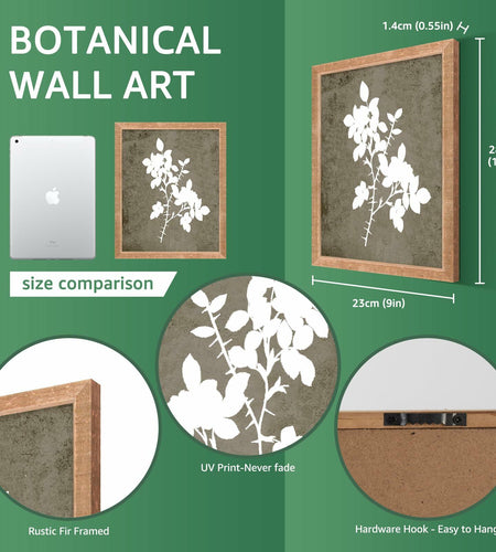 Botanical Wall Art Set of 6 Black Frame Vintage Minimalist Floral 12x10