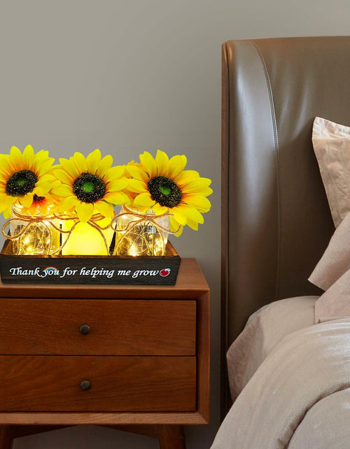Load image into Gallery viewer, Golden Mason Jar Centerpiece Wood Tray Sunflowers Teacher Appreciation Gift
