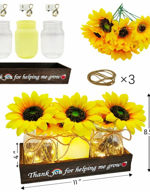 Load image into Gallery viewer, Golden Mason Jar Centerpiece Wood Tray Sunflowers Teacher Appreciation Gift

