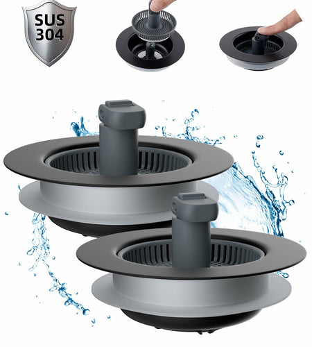 Hibbent 3-in-1 Kitchen Sink Drain Strainer Stopper Combo Black Stainless 1 Pack