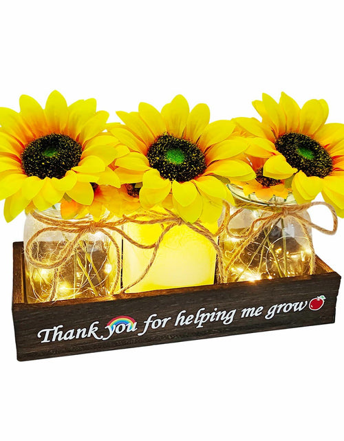 Load image into Gallery viewer, Golden Mason Jar Centerpiece Wood Tray Sunflowers Teacher Appreciation Gift
