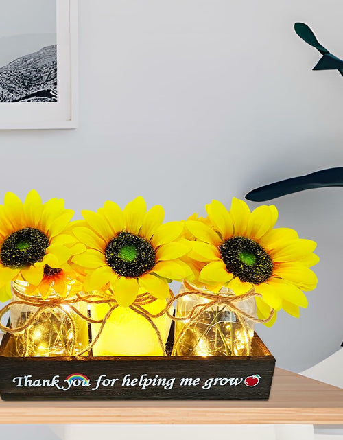Load image into Gallery viewer, Golden Mason Jar Centerpiece Wood Tray Sunflowers Teacher Appreciation Gift
