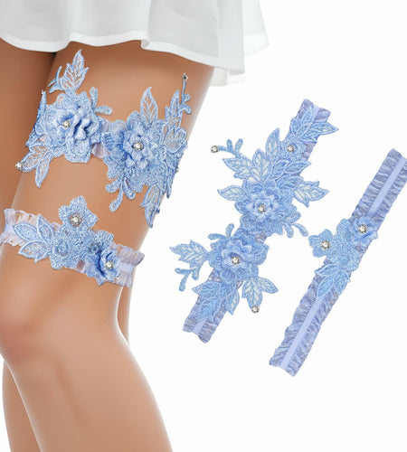 AHQiZFX Wedding Garter Set 2pcs Blue Large Soft Lace Stretchy for Bride New