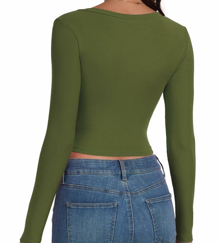 Artfish Women's Ribbed V Neck Crop Top Long Sleeve Slim Fit Olive Green L