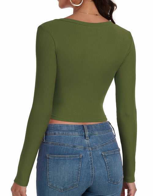 Load image into Gallery viewer, Artfish Women's Ribbed V Neck Crop Top Long Sleeve Slim Fit Olive Green L
