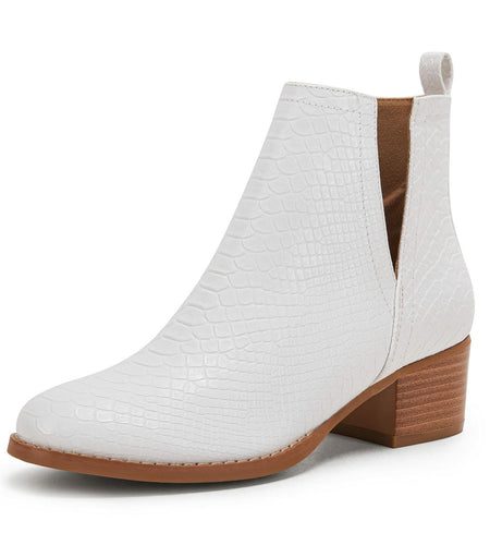 LAICIGO Womens Ankle Boots Slip-On Snakeskin Chunky Stacked Low Heel