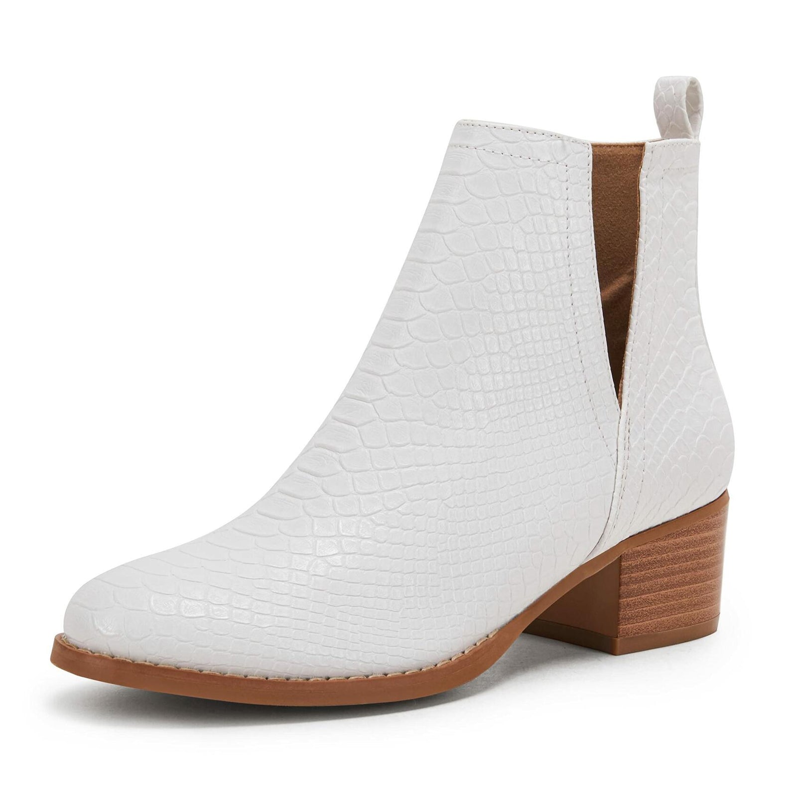 LAICIGO Womens Ankle Boots Slip-On Snakeskin Chunky Stacked Low Heel