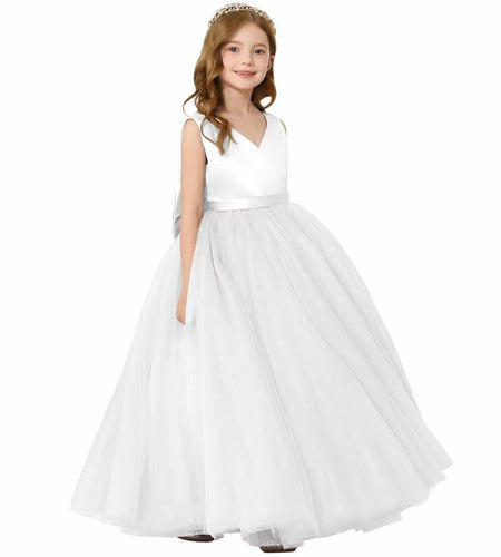 JISISANG Toddler Flower Girl Dress White Backless Bow-Knot Satin Size 06