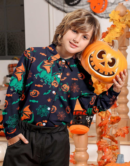 Load image into Gallery viewer, Halloween Dinosaur Shirt Boys 11-12 Long Sleeve Pumpkin Button Up
