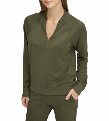 Andrew Marc Sport Women's V-Neck Long Sleeve Jersey Pullover Green Size S