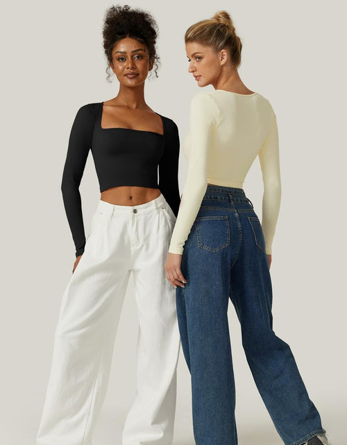 Load image into Gallery viewer, Meyeeka Womens Crop Top Long Sleeve Square Neck Beige Size M
