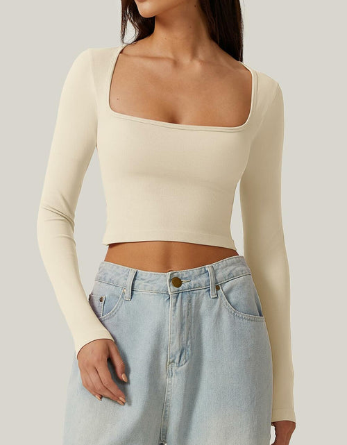 Load image into Gallery viewer, Meyeeka Womens Crop Top Long Sleeve Square Neck Beige Size M
