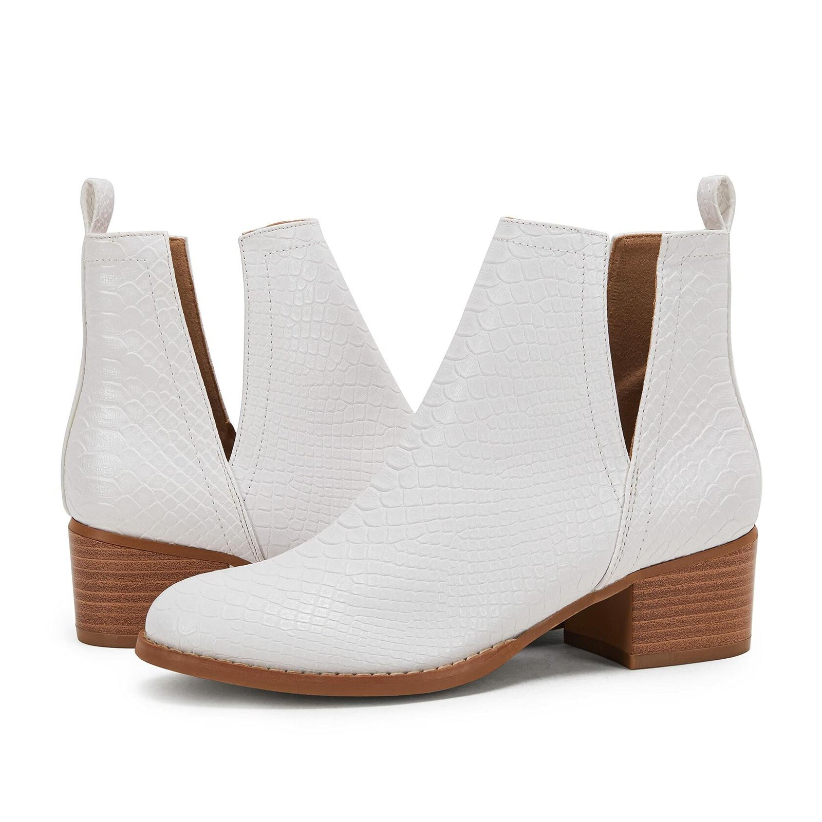 LAICIGO Womens Ankle Boots Slip-On Snakeskin Chunky Stacked Low Heel