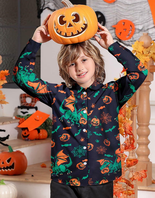 Load image into Gallery viewer, Halloween Dinosaur Shirt Boys 11-12 Long Sleeve Pumpkin Button Up
