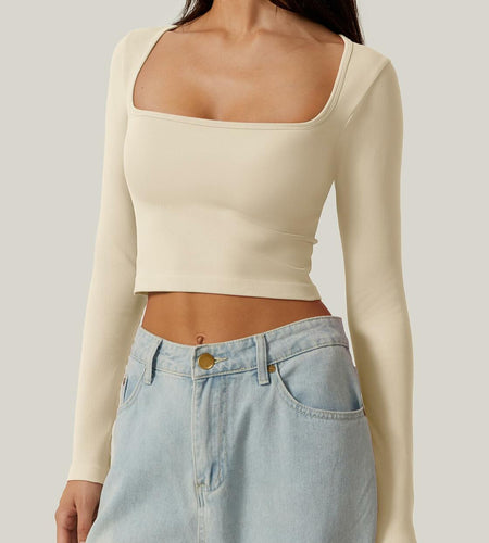 Meyeeka Womens Crop Top Long Sleeve Square Neck Beige Size M