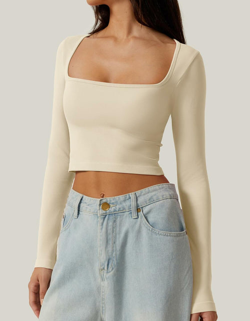 Load image into Gallery viewer, Meyeeka Womens Crop Top Long Sleeve Square Neck Beige Size M
